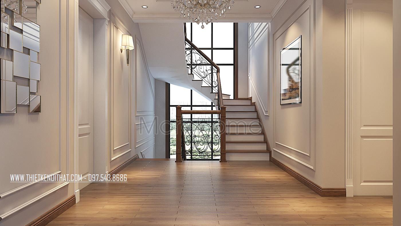 Cầu thang gỗ phên sắt, song sắt